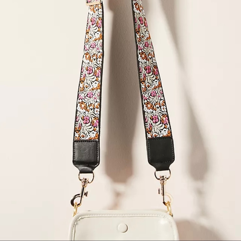 Anthropologie Woven Floral Bag Strap - Black Leather